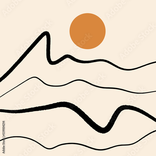 Modern abstract minimalistic geometric curve line mountains asian landscape scene print. Good for minimalist scandinavian style interior. Contemporary art digital poster. Printable scandi minimal home