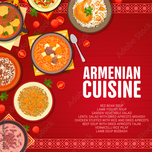 Armenian cuisine menu cover template. Beef soup with dried apricots Yajni, rice Pilaf and lentil Mshosh, lamb soup Bozbash, vegetable salad and chicken stuffed with rice, red bean and lamb yogurt soup photo
