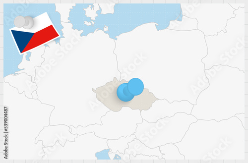 Map of Czech Republic with a pinned blue pin. Pinned flag of Czech Republic.