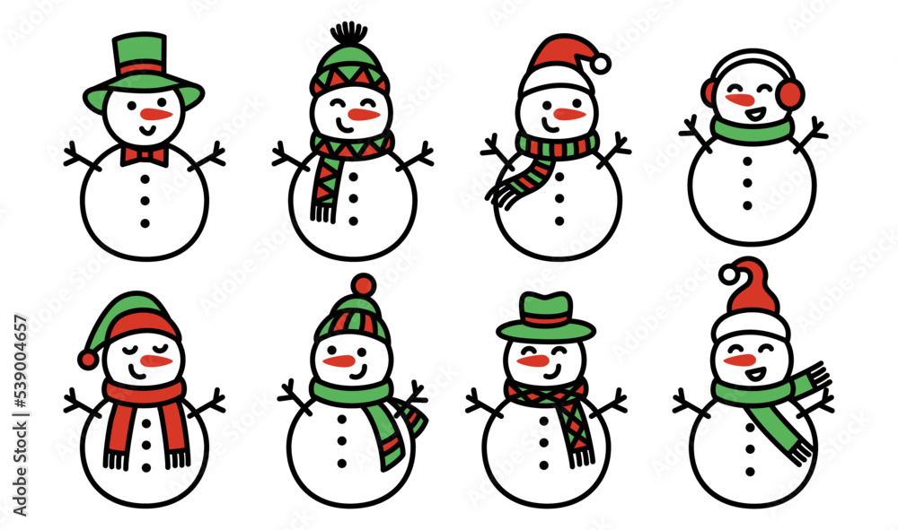 Snowman collection for christmas and winter, cute character flat design vector. Cartoon snowmen Christmas illustration set ideal for cutting and crafting Snowman collection for christmas and winter, cute character flat design vector. Cartoon snowmen Christmas illustration set ideal for cutting and crafting