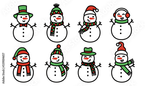 Snowman collection for christmas and winter, cute character flat design vector. Cartoon snowmen Christmas illustration set ideal for cutting and crafting