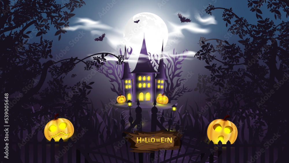 Happy halloween greeting  background design with  fog clouds and pumpkins. Happy halloween background with pumpkin for trick or treat night celebration. Vector Illustration