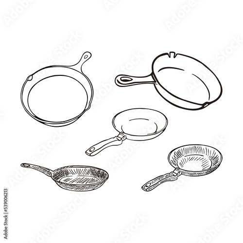 Set of Hand Drawn Old Skillet Frying Pan