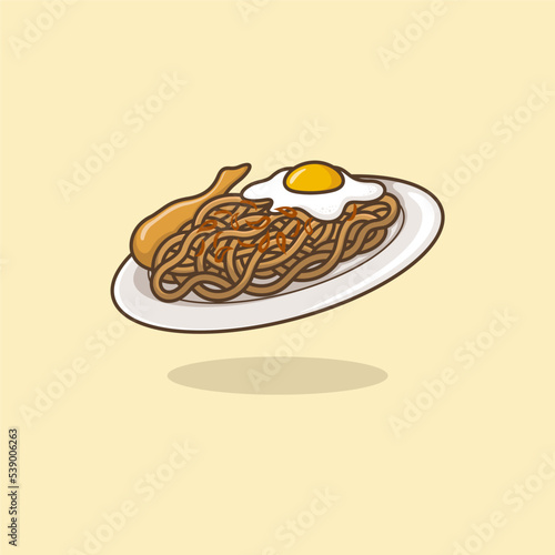 cute cartoon fried noodles with egg and chicken thigh