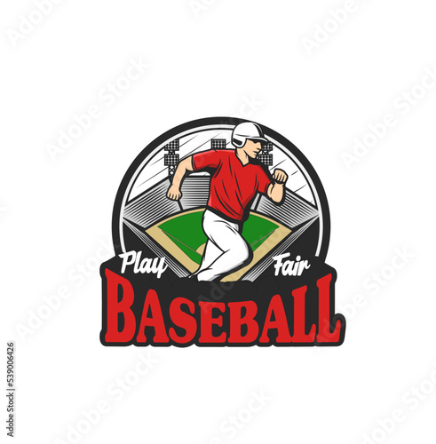 Baseball sport icon with runner player  softball team vector emblem. Baseball league badge with champion catcher or pitcher on arena  baseball tournament or championship game
