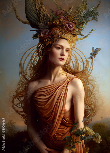 Demeter, the Olympian goddess of the harvest and agriculture, presiding over crops, grains, food, and the fertility of the earth. photo