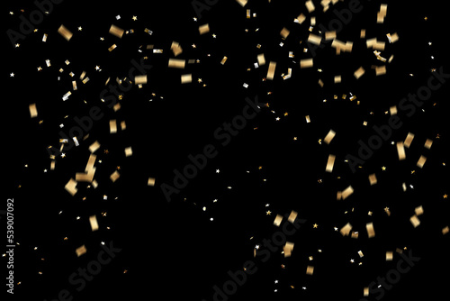 Golden confetti isolated on black background. 3D rendered illustration.