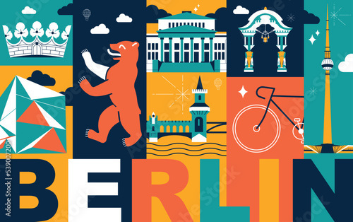 Berlin culture travel set, video split screen, famous architecture in flat design. Business travel, tourism concept clipart. Image for presentation, banner, website, advert, flyer, roadmap, icon