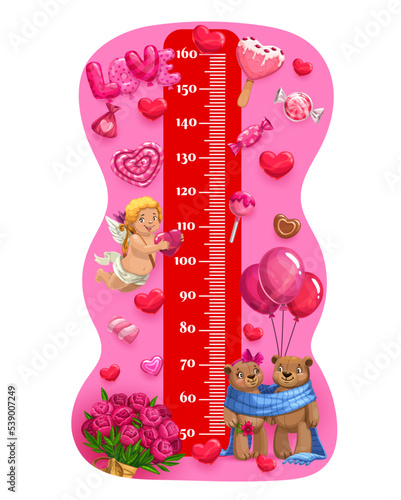 Cartoon cupids sweets and toys kids height chart, growth meter. Vector ruler with love items, funny bears and Valentine hearts. Wall sticker for baby height measurement with scale and balloons