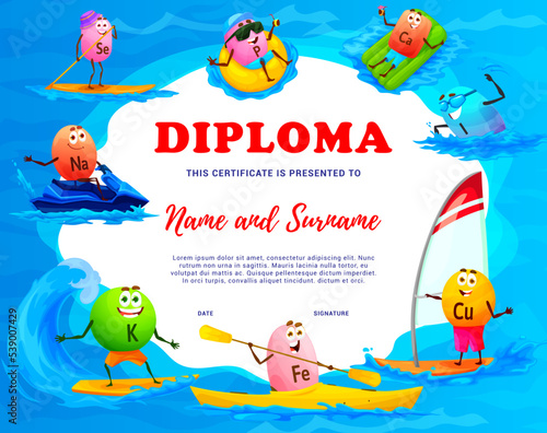 Kids diploma cartoon micronutrient and mineral characters on summer vacation. Vector certificate with funny elements Cu, Fe, Ca, Na, Se, P, K, I water sport recreation, kayaking, sailing, sup board