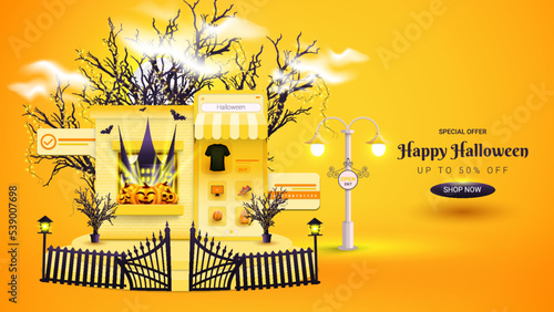 Halloween Promotion Poster or banner template with halloween pumpkin ghost,tree, moon lights spider, and halloween elements. banner template photo