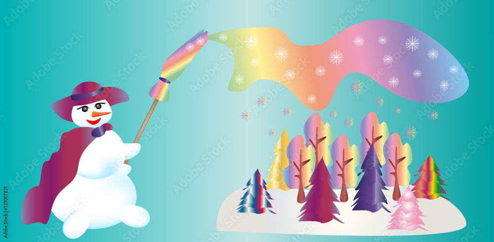 Fototapeta premium magic snowman paints a forest of bright colors