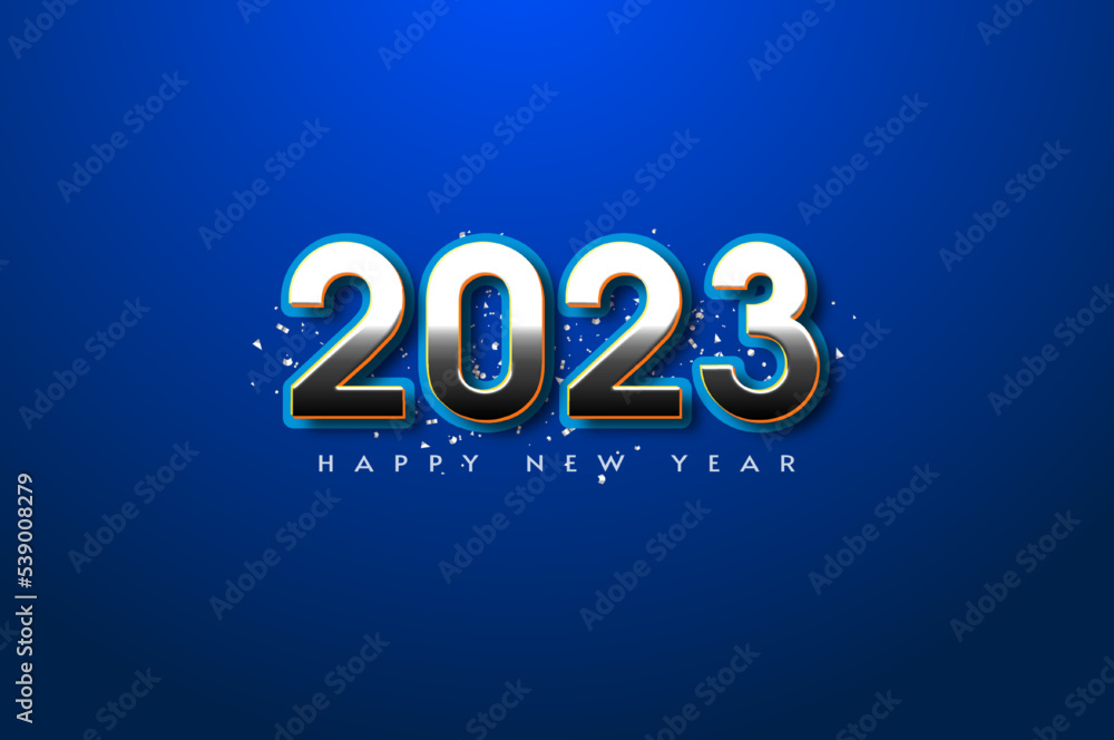 shiny silver happy new year 2023 on blue background