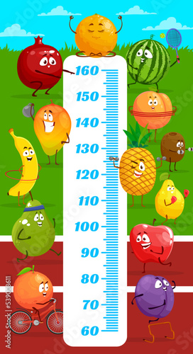 Kids height chart cartoon fruits on stadium field growth meter. Vector ruler scale with characters mandarin, watermelon, peach and kiwi. Pineapple, quince, apple, plum, pear, banana, mango and garnet
