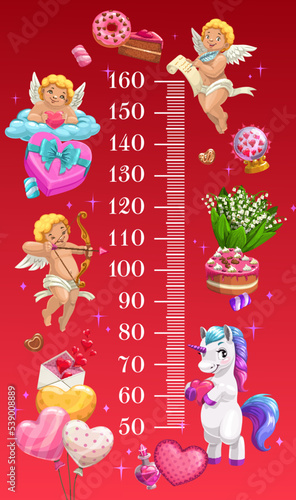Kids height chart with Cupids, unicorn and sweets. Growth meter vector sticker with stadiometer ruler scale on red background in frame of love angels, hearts, flowers and balloons, candies and cakes