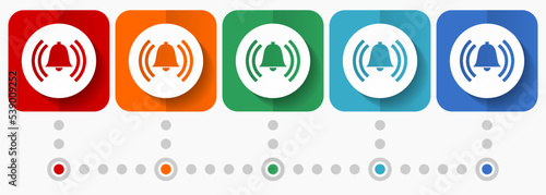 Alarm vector icons, infographic template, set of flat design alert symbols in 5 color options