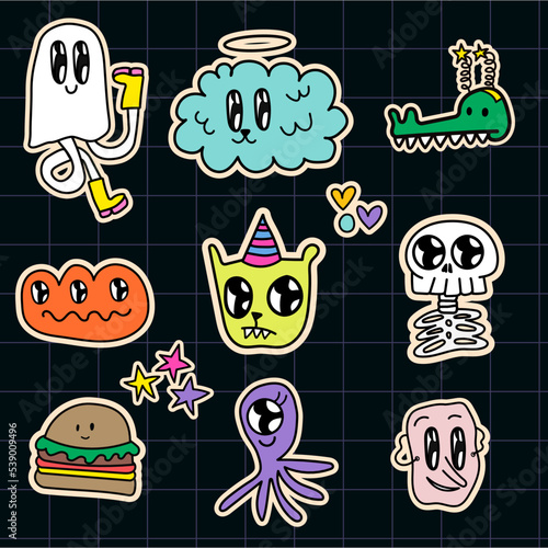 Fun Stickers. Vector hand drawn illustration. Sticker Pack. Trendy colors. Cartoon Illustration. Birthday  halloween  fun  animals.  