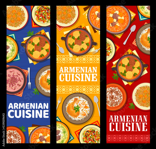 Armenian cuisine food banners. Lamb yogurt soup, lentil salad with dried apricots and vermicelli rice Pilaf, chicken stuffed with rice, vegetable salad and red bean, beef Yajni and lamb Bozbash soups