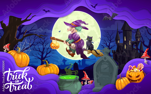 Halloween paper cut flying witch on cemetery landscape. Vector poster with 3d layered frame, . funny hag and black cat characters fly over old graveyard with castle, trees and tomb stones under moon