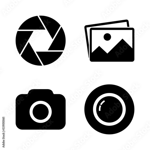 Foto camera icon set. Picture, focus, camera, lens symbols. Simple abstract signs in black. Modern flat vector illustration for graphic design, logo, Web, UI, mobile upp