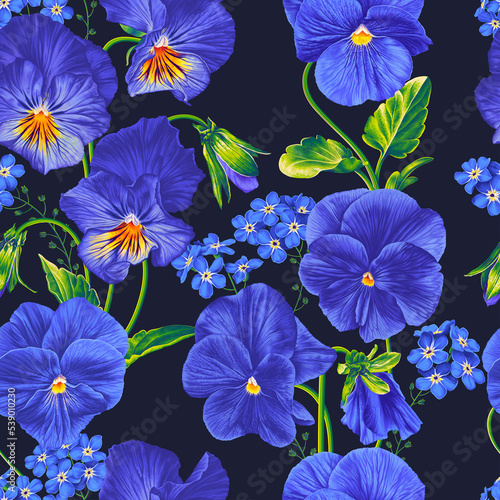 Floral pattern with blue flowers for your product design, cosmetics, greeting cards, gift wrapping, clothing, textiles, prints for clothes and more. Realistic pansies