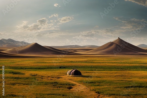 Mongolian yurts of nomad lifestyle and traveling on prairie landscape illustration photo