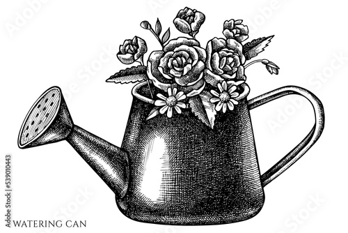 Gardening vintage vector illustrations collection. Black and white watering can.