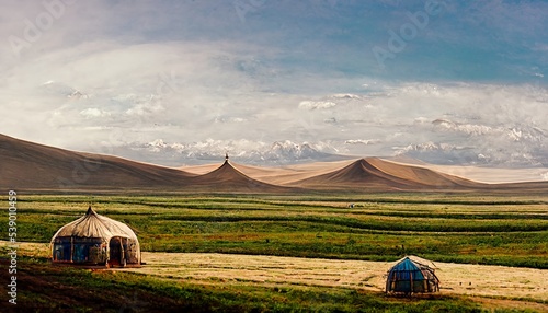 Altyn-arashan yurts of nomad lifestyle and traveling on prairie landscape