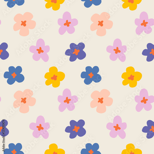 Groovy vector flowers hippie color seamless pattern, funny boho doodle childish background.