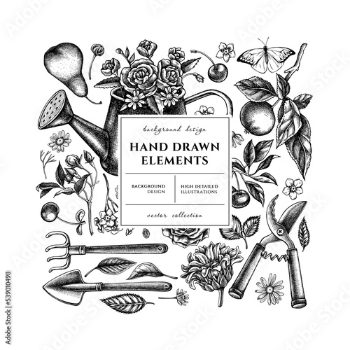 Gardening square card or invitation design. Frame design with watering can, apples, cherry, rose, pears, shovel, rake, secateurs, chamomile, sunflower, forget me not flower, great orange-tip, roses.