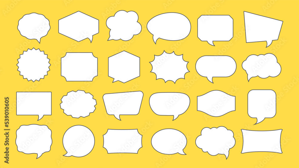 Abstract white geometric shapes with black border. Empty frame templates set, speech bubbles, badges, price tags, sticker, think cloud Abstract white geometric shapes with black border. Empty frame templates set, speech bubbles, badges, price tags, sticker, think cloud