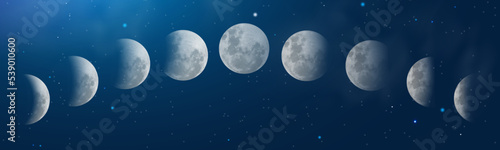 Moon Phases astronomy icon set. Vector realistic night Landscape with blue sky and stars