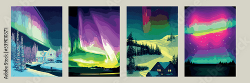 Night sky, Aurora Borealis, Northern lights effect, realistic colored polar lights. Vector illustration, abstract space design for aurora borealis, isolated on a transparent background.