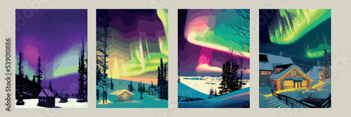 Night sky, Aurora Borealis, Northern lights effect, realistic colored polar lights. Vector illustration, abstract space design for aurora borealis, isolated on a transparent background.