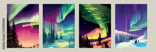 Night sky, Aurora Borealis, Northern lights effect, realistic colored polar lights. Vector illustration, abstract space design for aurora borealis, isolated on a transparent background.