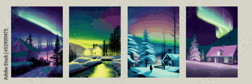 Night sky, Aurora Borealis, Northern lights effect, realistic colored polar lights. Vector illustration, abstract space design for aurora borealis, isolated on a transparent background.