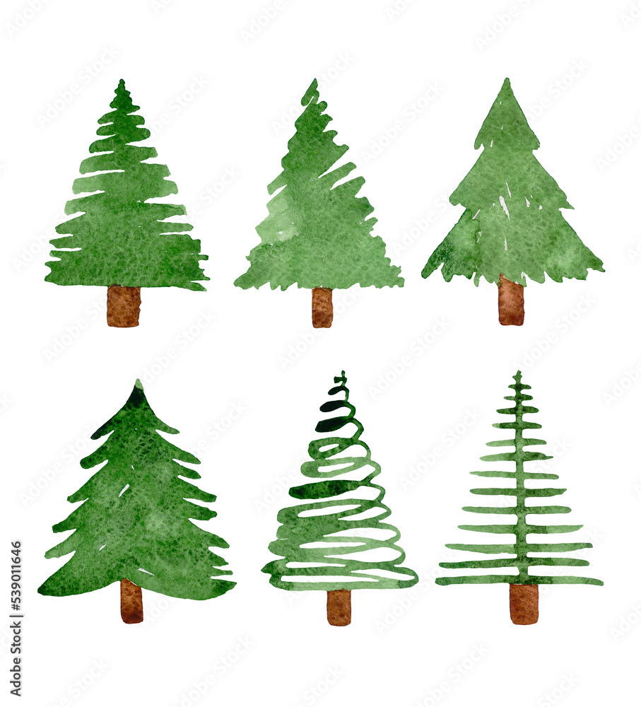 Watercolor set of christmas trees isolated on white background.
