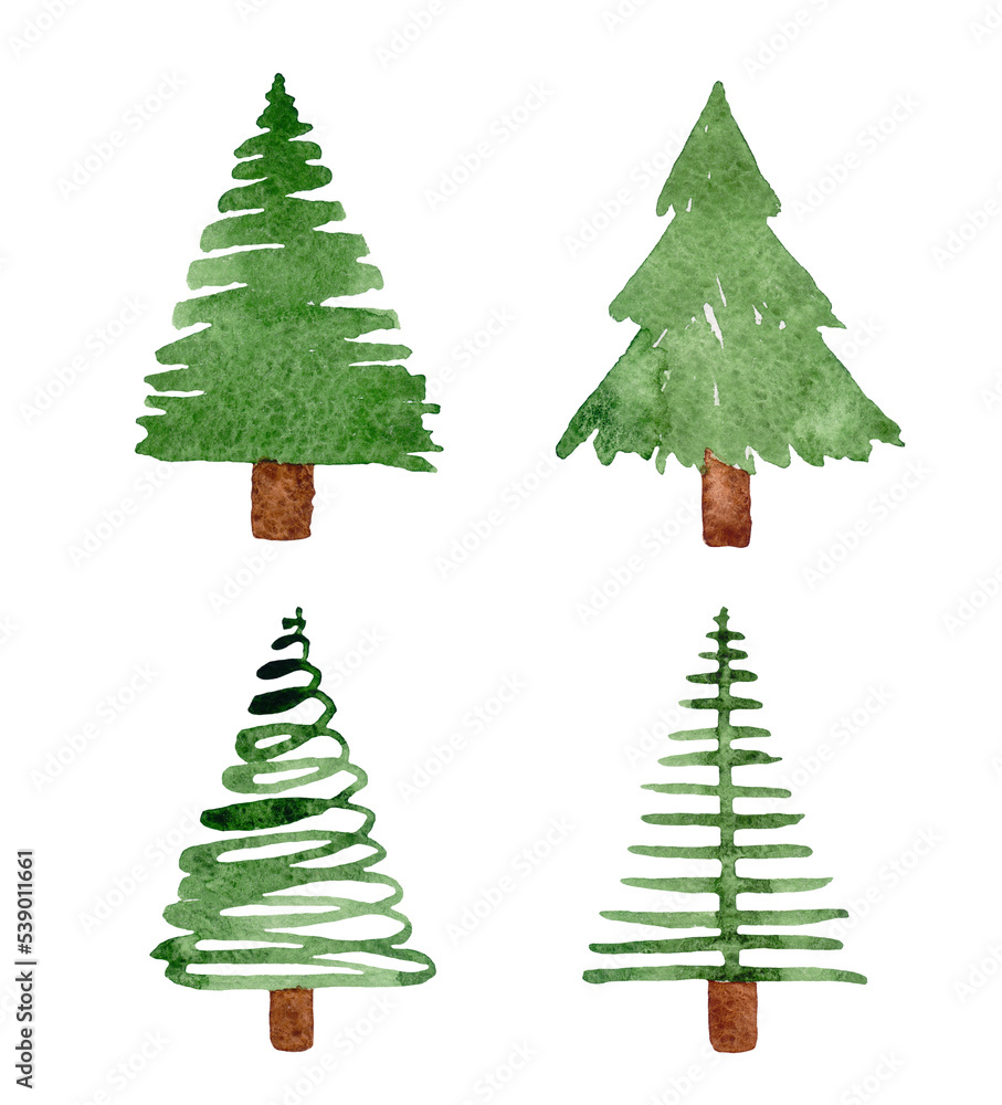 Watercolor christmas trees isolated on white background.