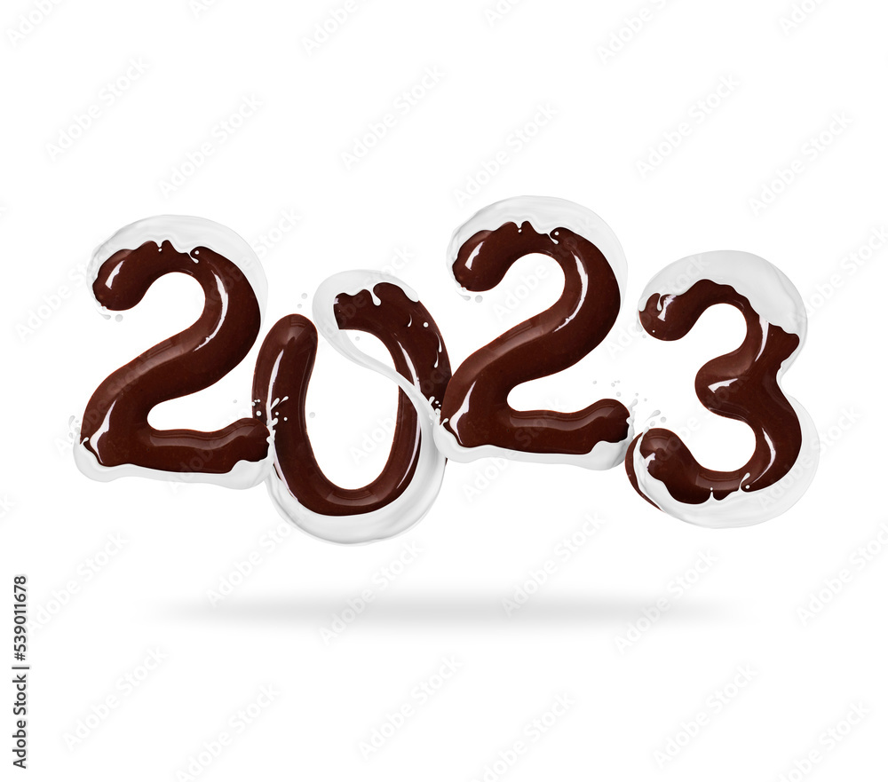 Date of the New Year 2023 made of melted chocolate with milk splashes Date of the New Year 2023 made of melted chocolate with milk splashes