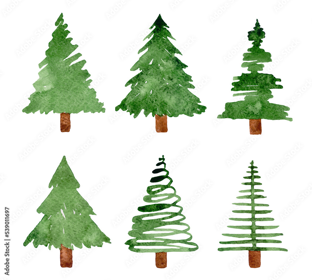 Watercolor christmas trees set isolated on white background.