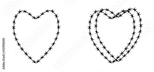 Cartoonl ove heart, valentine or valentines day  and rusty barbed wire. Wired or wires sign. For freedom or repression. Barbed icon fence idea. heart shape. Broken heart or romance photo