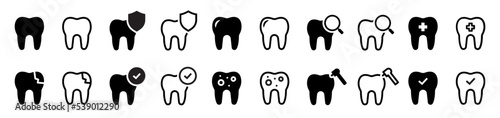 Set of dental related icons. Dentist and stomatology, teeth checkup, tooth crash, decay tooth. Vector illustration.