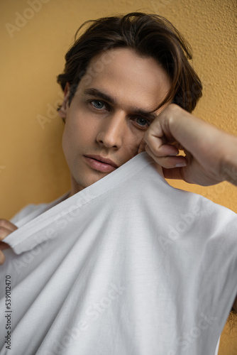 portrait of brunette man adjusting white t-shirt and posing near yellow wall
