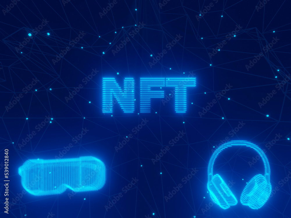 NFT text, Headphones, VR Glasses with hologram effect light blue color on sci fi background. Non fungible token concept. Metaverse vr world. 3D rendering illustration. NFT text, Headphones, VR Glasses with hologram effect light blue color on sci fi background. Non fungible token concept. Metaverse vr world. 3D rendering illustration.