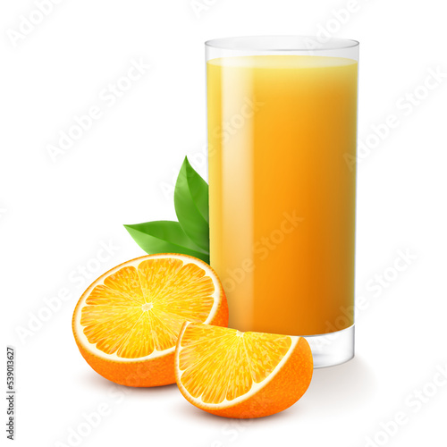 Glass of fresh orange juice. Juicy citrus with leaves, isolated on white background. Smoothies of orange. Realistic 3d vector illustration for advertising your products