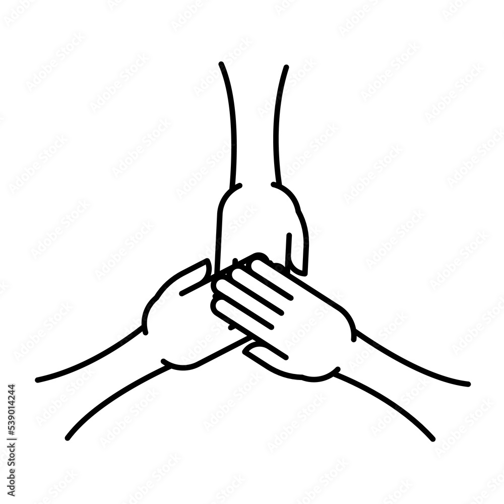 Three hands on top of each other icon. People connected by hands together sign. Vector illustration. Sports team, charity or volunteer group symbol. Three hands on top of each other icon. People connected by hands together sign. Vector illustration. Sports team, charity or volunteer group symbol.
