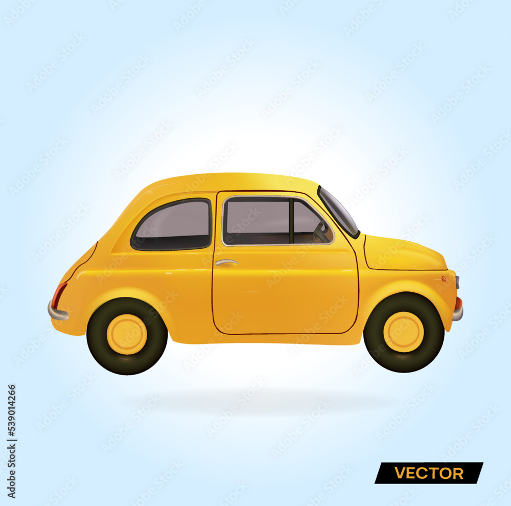 Yellow car, retro mobile. Yellow car in cartoon style. Vector 3d design