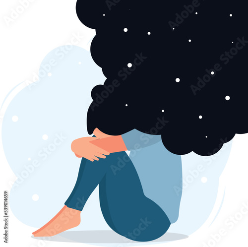 A flat vector cartoon illustration of a woman in a depressed mood, sitting on the floor and holding her knees, scribbling over her head. Mental health problems, burnout, depression.