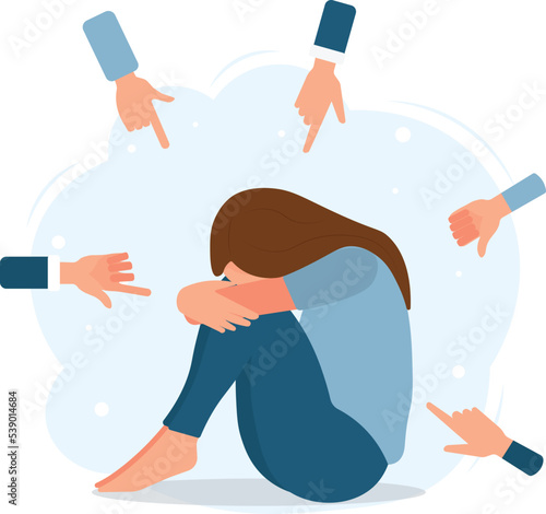 Vector flat illustration of sitting on the floor woman and many people's hands pointing finger on woman. Shaming, bulling, stressed on work concept