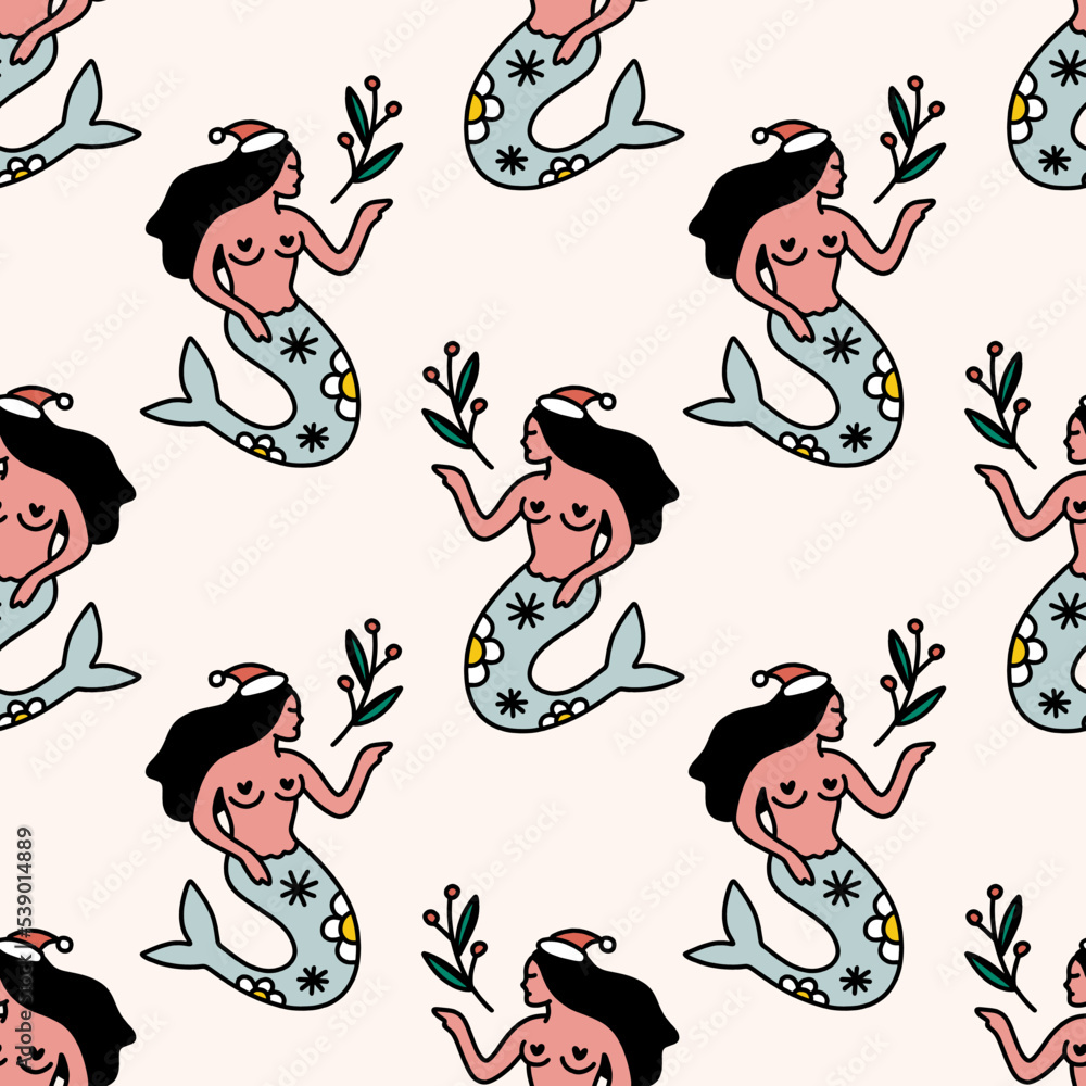 Obraz premium Xmas groovy Santa mermaid comic funny seamless pattern background. Doodle boho Christmas and New Year cartoon doodle characters, decor wrapping paper. Vector clipart illustration.